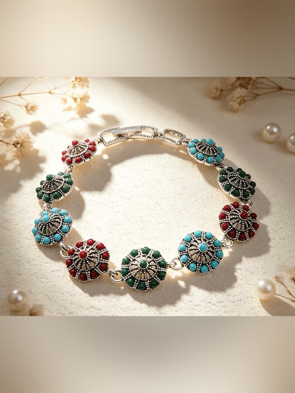 Western Multicolor Beaded Bracelet Bohemian Bracelet with Turquoise and Red